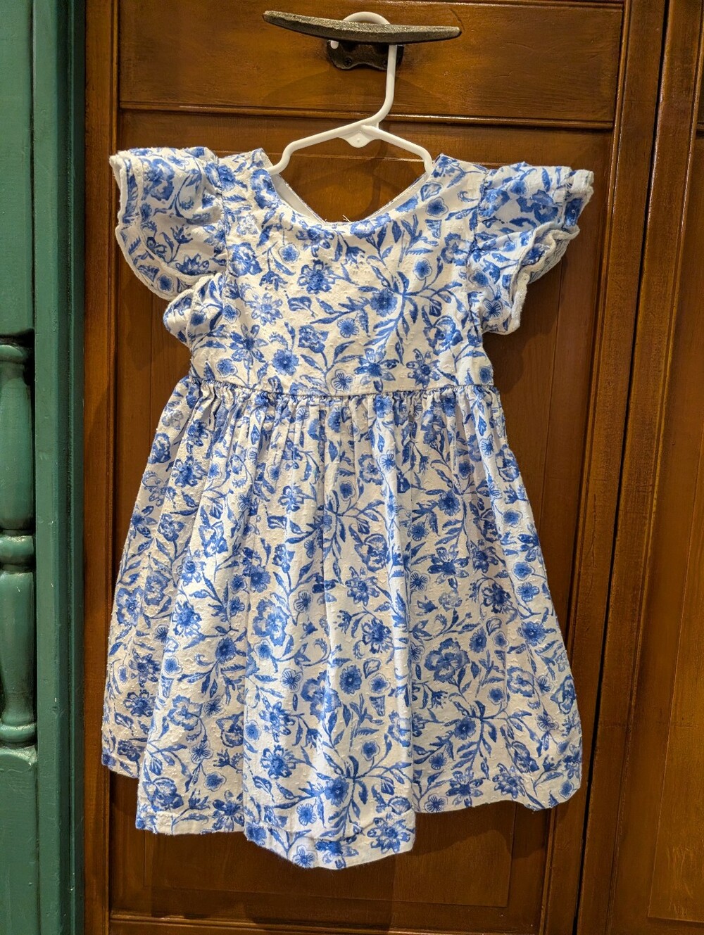 Next UK Blue Floral Ruffle-Sleeve Kids Dress